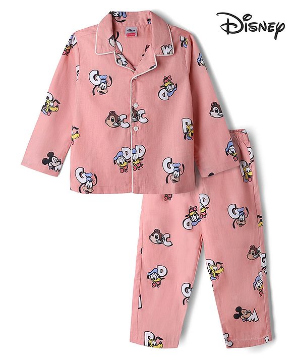 Babyhug Disney 100% Cotton Knit Full Sleeves Front Open Co- Ords Pyjama Night Suit With Mickey and Friends Disney Print - Print