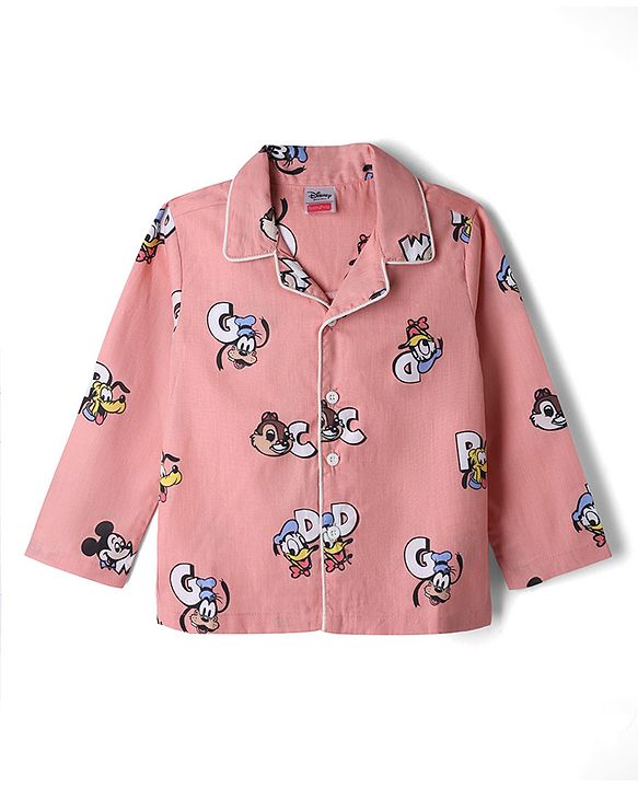 Babyhug Disney 100% Cotton Knit Full Sleeves Front Open Co- Ords Pyjama Night Suit With Mickey and Friends Disney Print - Print