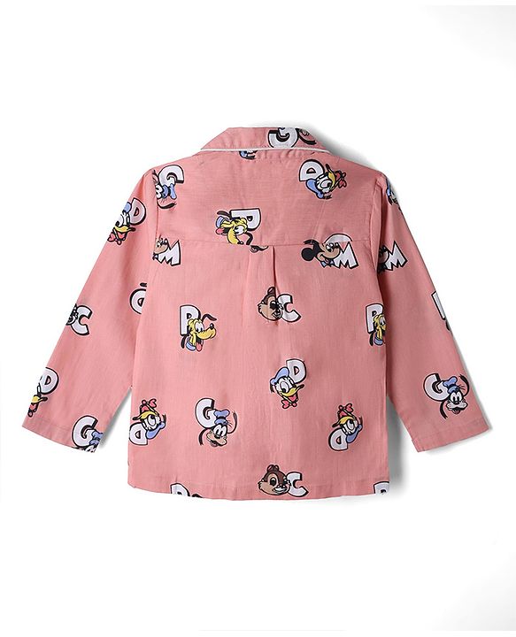 Babyhug Disney 100% Cotton Knit Full Sleeves Front Open Co- Ords Pyjama Night Suit With Mickey and Friends Disney Print - Print