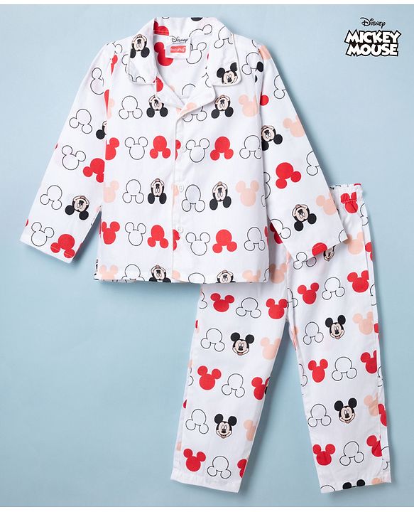 Babyhug Disney Poplin Woven Full Sleeves Co-Ords Shirt & Pyjama Night Suit with Mickey Mouse Print - White