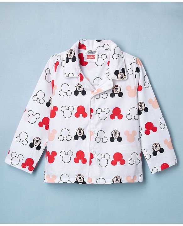 Babyhug Disney Poplin Woven Full Sleeves Co-Ords Shirt & Pyjama Night Suit with Mickey Mouse Print - White
