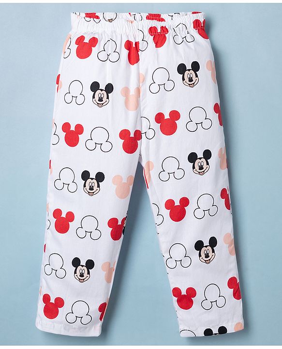 Babyhug Disney Poplin Woven Full Sleeves Co-Ords Shirt & Pyjama Night Suit with Mickey Mouse Print - White