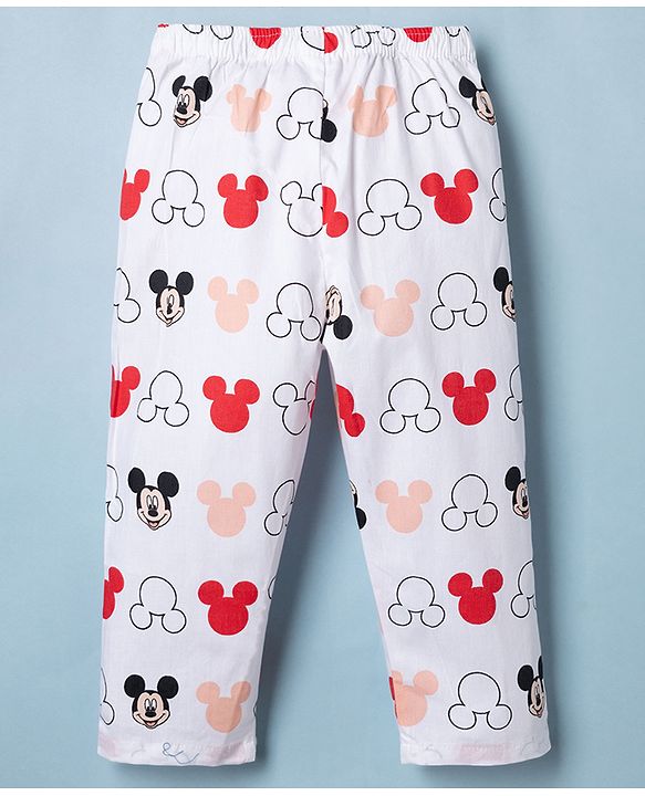 Babyhug Disney Poplin Woven Full Sleeves Co-Ords Shirt & Pyjama Night Suit with Mickey Mouse Print - White