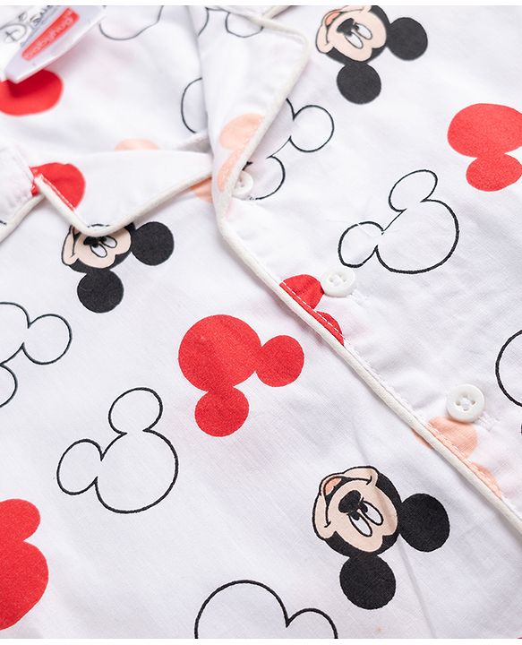 Babyhug Disney Poplin Woven Full Sleeves Co-Ords Shirt & Pyjama Night Suit with Mickey Mouse Print - White