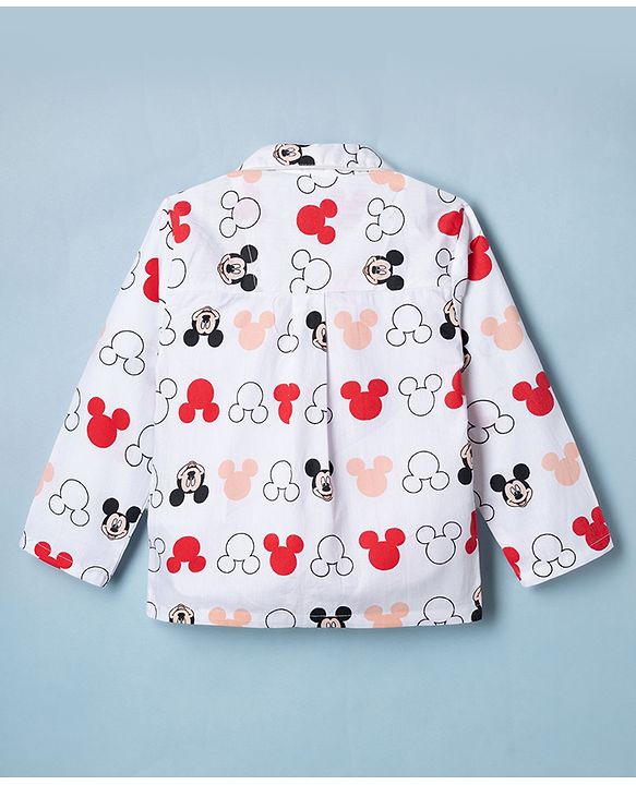 Babyhug Disney Poplin Woven Full Sleeves Co-Ords Shirt & Pyjama Night Suit with Mickey Mouse Print - White