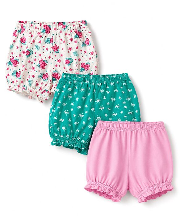 Pine Kids Cotton Elastane Knit Floral Printed Bloomers Pack of 3 - Pink Green  & White
