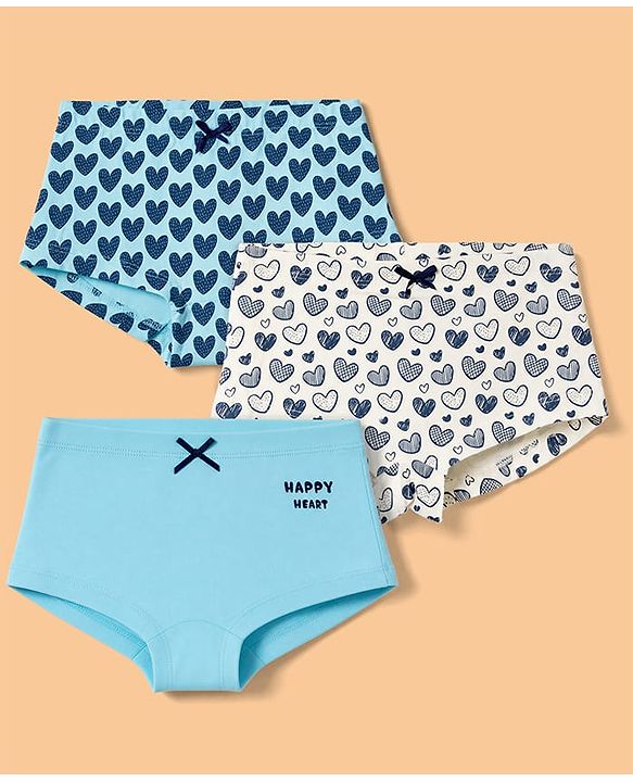Pine Kids Cotton Elastane Knit Hearts Printed Panties Pack of 3 - Light Blue