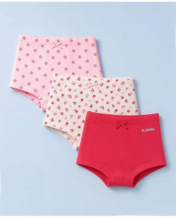 Pine Kids Cotton Elastane Knit Solid Bloomers With Floral Print Pack of 3 - Pink White