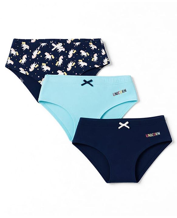 Pine Kids Cotton Elastane Knit Unicorn Printed Panties Pack Of 3 - Navy & Light Blue