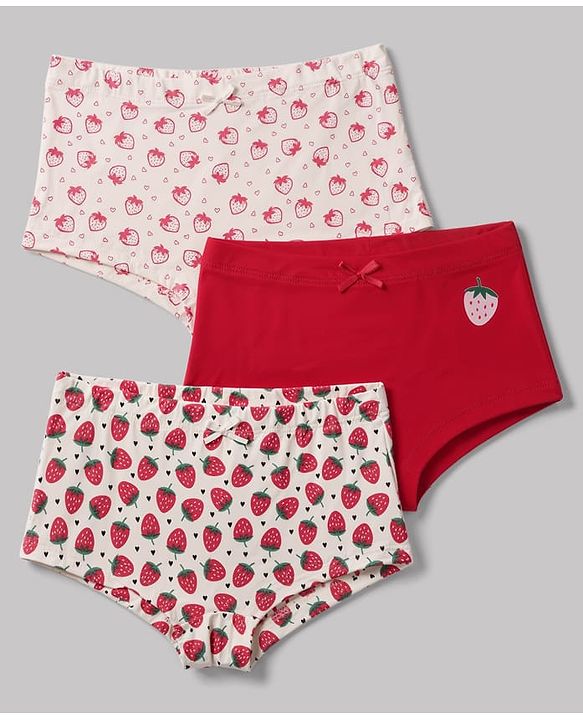 Pine Kids Cotton Elastane Knit Panties With Strawberry Print Pack of 3 - Red Pink White