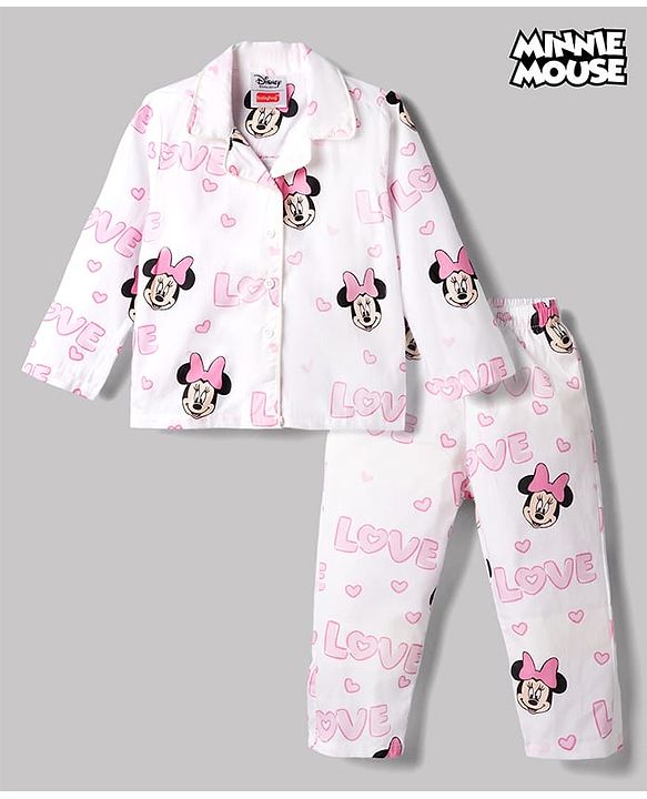 Babyhug Disney Poplin Woven Full Sleeves Co-Ords Shirt & Pyjama Night Suit with Minnie Mouse Print - White