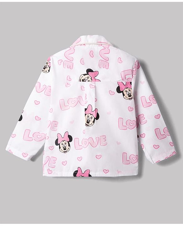 Babyhug Disney Poplin Woven Full Sleeves Co-Ords Shirt & Pyjama Night Suit with Minnie Mouse Print - White
