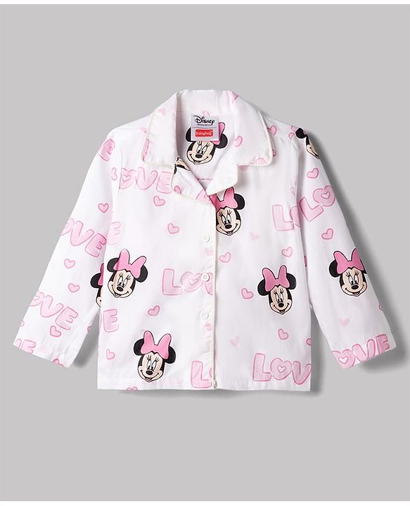 Babyhug Disney Poplin Woven Full Sleeves Co-Ords Shirt & Pyjama Night Suit with Minnie Mouse Print - White
