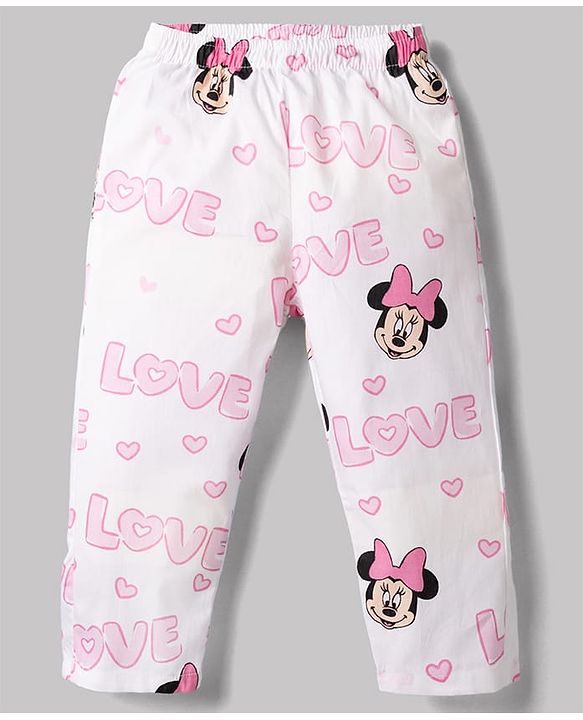 Babyhug Disney Poplin Woven Full Sleeves Co-Ords Shirt & Pyjama Night Suit with Minnie Mouse Print - White