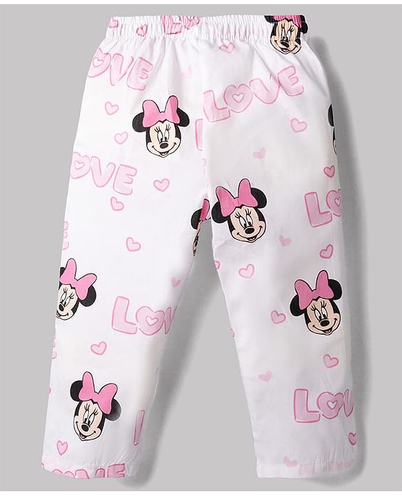 Babyhug Disney Poplin Woven Full Sleeves Co-Ords Shirt & Pyjama Night Suit with Minnie Mouse Print - White
