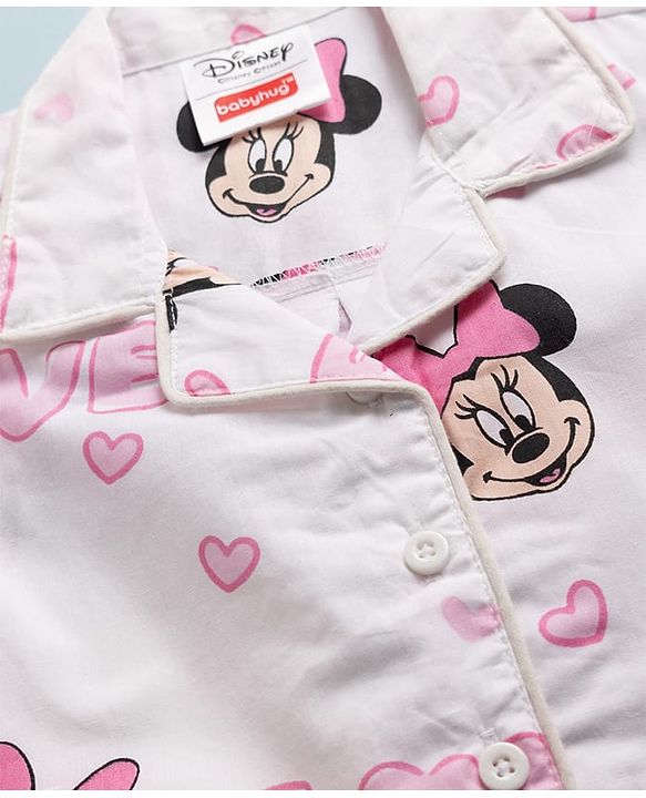 Babyhug Disney Poplin Woven Full Sleeves Co-Ords Shirt & Pyjama Night Suit with Minnie Mouse Print - White