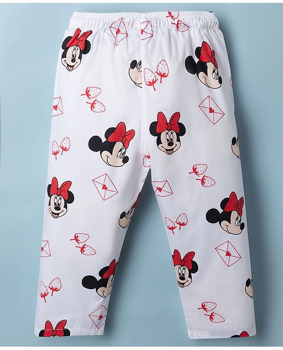 Babyhug Disney Poplin Woven Full Sleeves Co-Ords Shirt & Pyjama Night Suit with Minnie Mouse Print - White