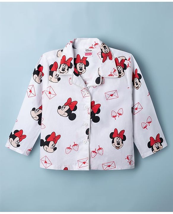 Babyhug Disney Poplin Woven Full Sleeves Co-Ords Shirt & Pyjama Night Suit with Minnie Mouse Print - White