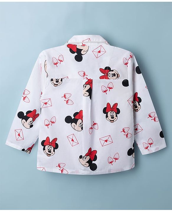 Babyhug Disney Poplin Woven Full Sleeves Co-Ords Shirt & Pyjama Night Suit with Minnie Mouse Print - White