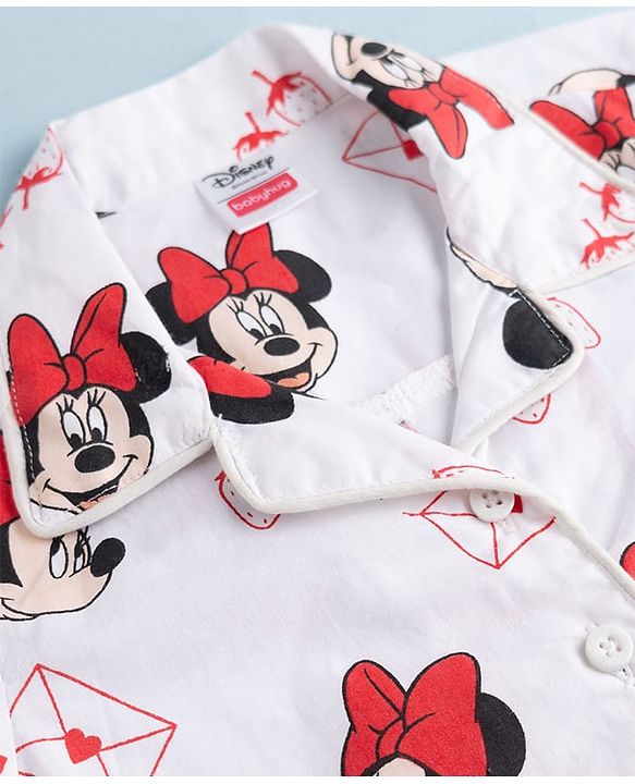 Babyhug Disney Poplin Woven Full Sleeves Co-Ords Shirt & Pyjama Night Suit with Minnie Mouse Print - White