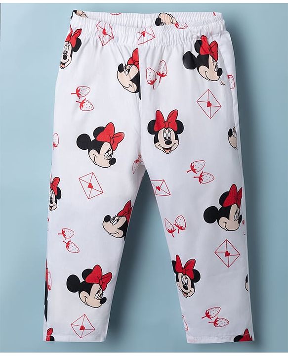 Babyhug Disney Poplin Woven Full Sleeves Co-Ords Shirt & Pyjama Night Suit with Minnie Mouse Print - White