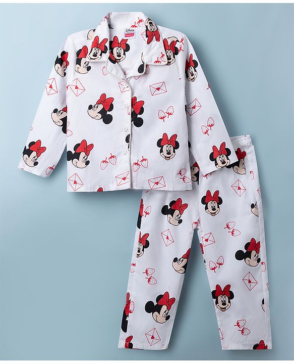 Babyhug Disney Poplin Woven Full Sleeves Co-Ords Shirt & Pyjama Night Suit with Minnie Mouse Print - White