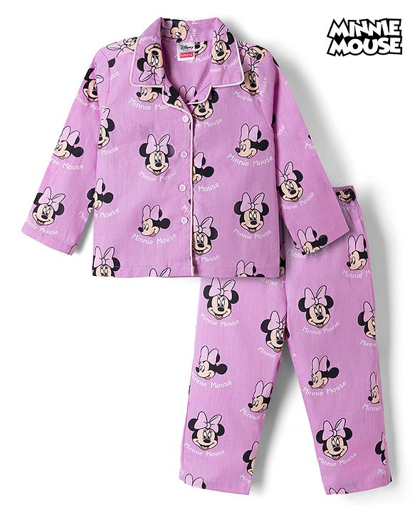 Babyhug Disney 100% Cotton Knit Full Sleeves Front Open Co- Ords Pyjama Night Suit With Mickey and Friends Disney Print -Lavender