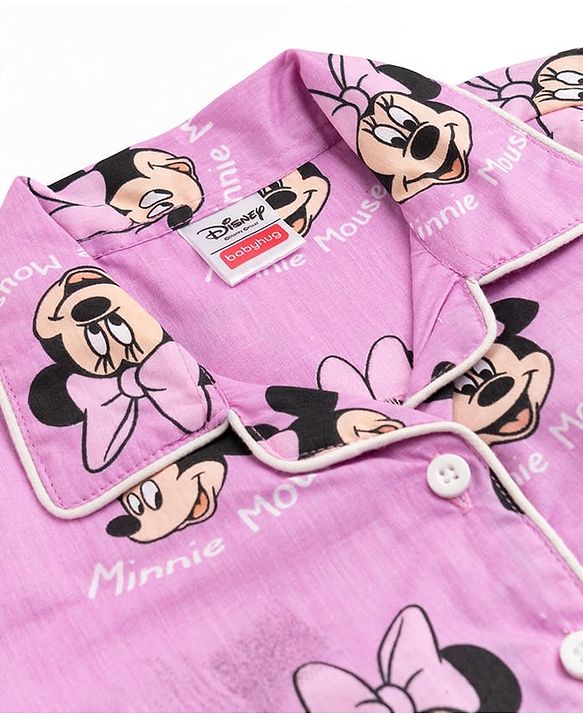 Babyhug Disney 100% Cotton Knit Full Sleeves Front Open Co- Ords Pyjama Night Suit With Mickey and Friends Disney Print -Lavender
