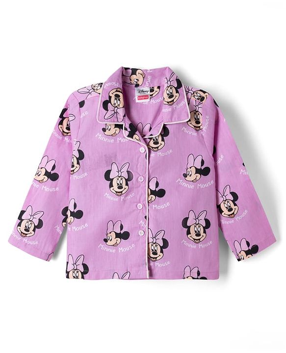 Babyhug Disney 100% Cotton Knit Full Sleeves Front Open Co- Ords Pyjama Night Suit With Mickey and Friends Disney Print -Lavender