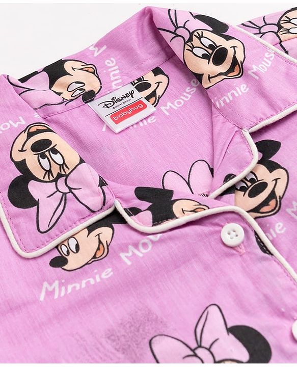 Babyhug Disney 100% Cotton Knit Full Sleeves Front Open Co- Ords Pyjama Night Suit With Mickey and Friends Disney Print -Lavender