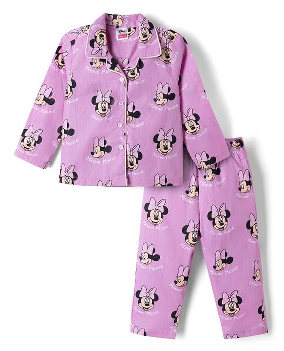 Babyhug Disney 100% Cotton Knit Full Sleeves Front Open Co- Ords Pyjama Night Suit With Mickey and Friends Disney Print -Lavender