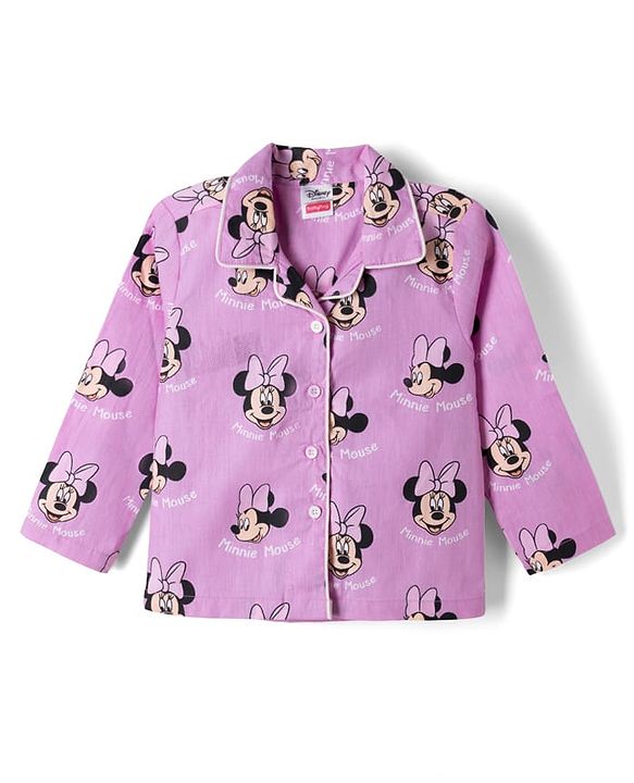 Babyhug Disney 100% Cotton Knit Full Sleeves Front Open Co- Ords Pyjama Night Suit With Mickey and Friends Disney Print -Lavender