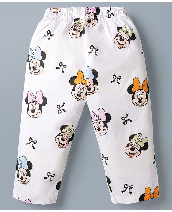 Babyhug Poplin Woven Full Sleeves Co-Ords Shirt & Pyjama Night Suit with Minnie Mouse Print - White