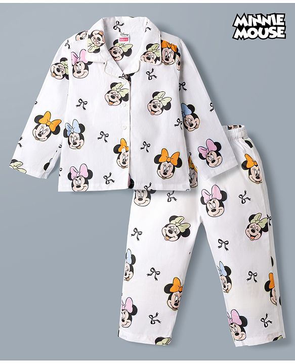 Babyhug Poplin Woven Full Sleeves Co-Ords Shirt & Pyjama Night Suit with Minnie Mouse Print - White