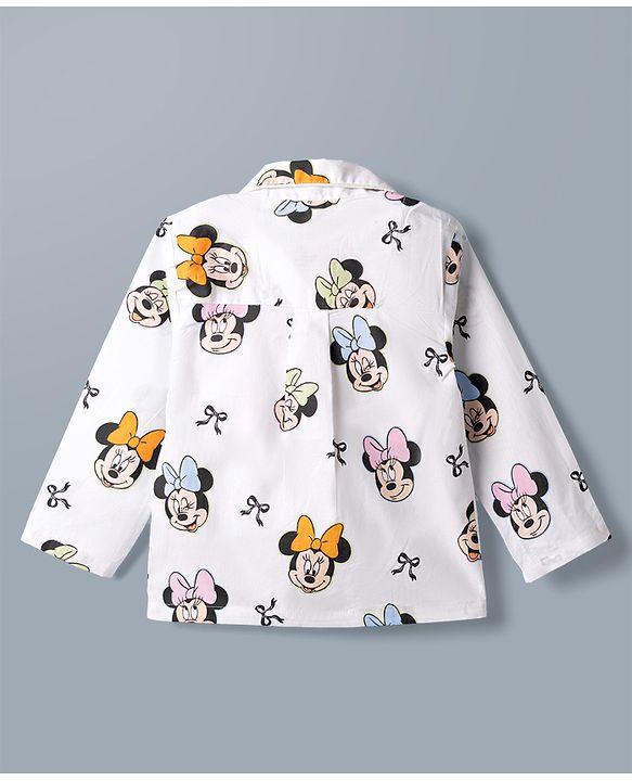 Babyhug Poplin Woven Full Sleeves Co-Ords Shirt & Pyjama Night Suit with Minnie Mouse Print - White