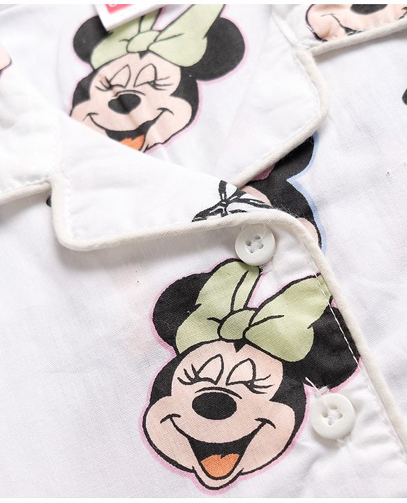 Babyhug Poplin Woven Full Sleeves Co-Ords Shirt & Pyjama Night Suit with Minnie Mouse Print - White
