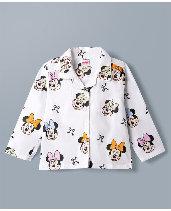 Babyhug Poplin Woven Full Sleeves Co-Ords Shirt & Pyjama Night Suit with Minnie Mouse Print - White