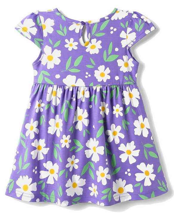 Babyhug Single Jersey Knit Cap Sleeves Floral & Polka Dots Printed Frocks With Bow Applique Pack Of 2 - Purple & Yellow