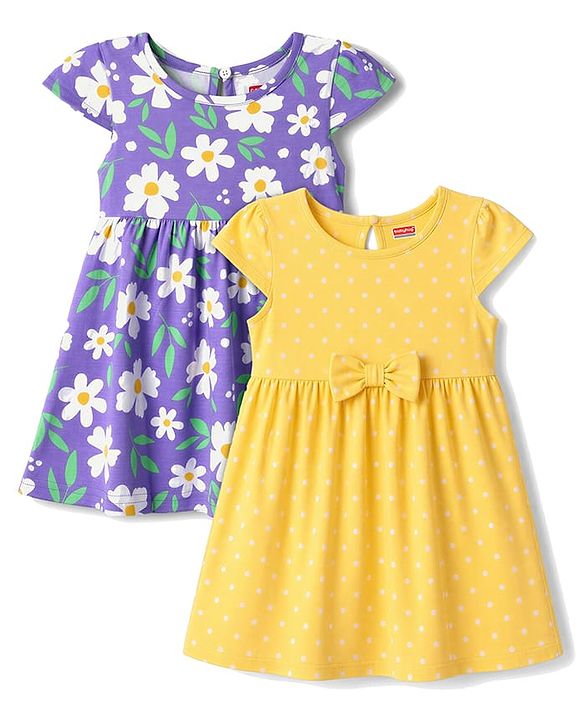 Babyhug Single Jersey Knit Cap Sleeves Floral & Polka Dots Printed Frocks With Bow Applique Pack Of 2 - Purple & Yellow