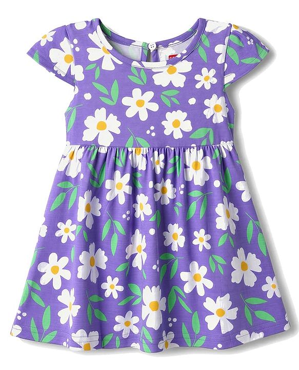 Babyhug Single Jersey Knit Cap Sleeves Floral & Polka Dots Printed Frocks With Bow Applique Pack Of 2 - Purple & Yellow