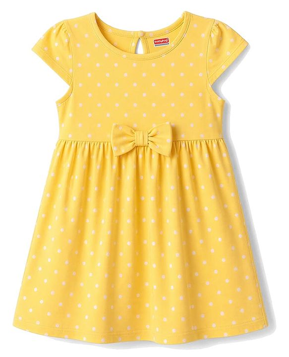 Babyhug Single Jersey Knit Cap Sleeves Floral & Polka Dots Printed Frocks With Bow Applique Pack Of 2 - Purple & Yellow