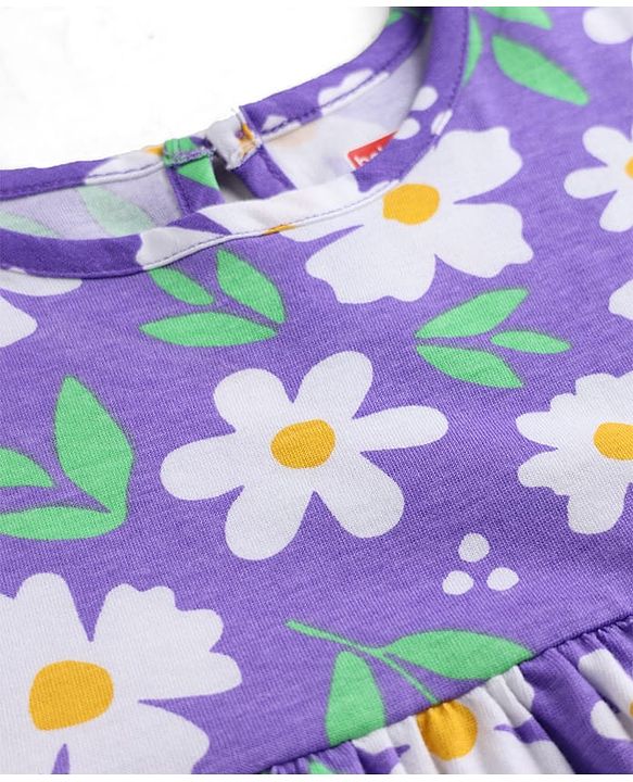 Babyhug Single Jersey Knit Cap Sleeves Floral & Polka Dots Printed Frocks With Bow Applique Pack Of 2 - Purple & Yellow