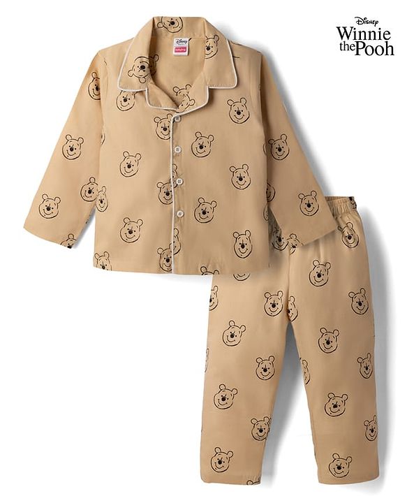 Babyhug Disney 100% Cotton Poplin Woven Full Sleeves Front Open Co-ord Shirt & Pajama Night Suit with Winnie the Pooh Print - Light Brown