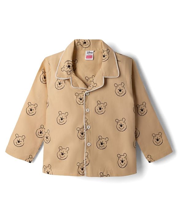 Babyhug Disney 100% Cotton Poplin Woven Full Sleeves Front Open Co-ord Shirt & Pajama Night Suit with Winnie the Pooh Print - Light Brown