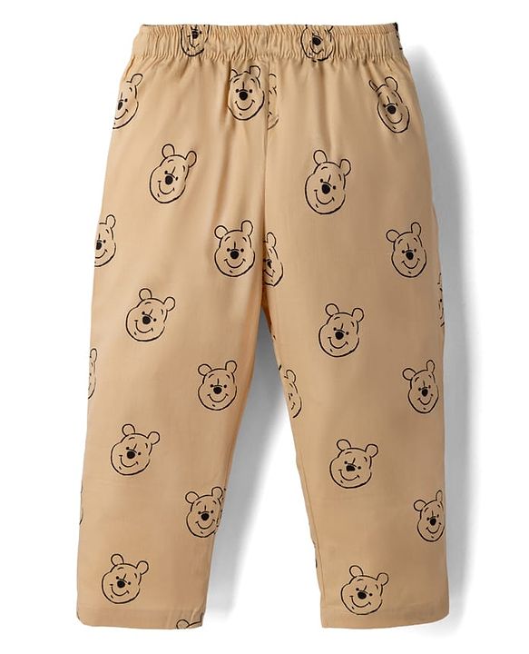 Babyhug Disney 100% Cotton Poplin Woven Full Sleeves Front Open Co-ord Shirt & Pajama Night Suit with Winnie the Pooh Print - Light Brown