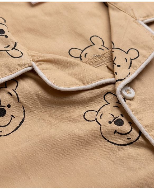 Babyhug Disney 100% Cotton Poplin Woven Full Sleeves Front Open Co-ord Shirt & Pajama Night Suit with Winnie the Pooh Print - Light Brown