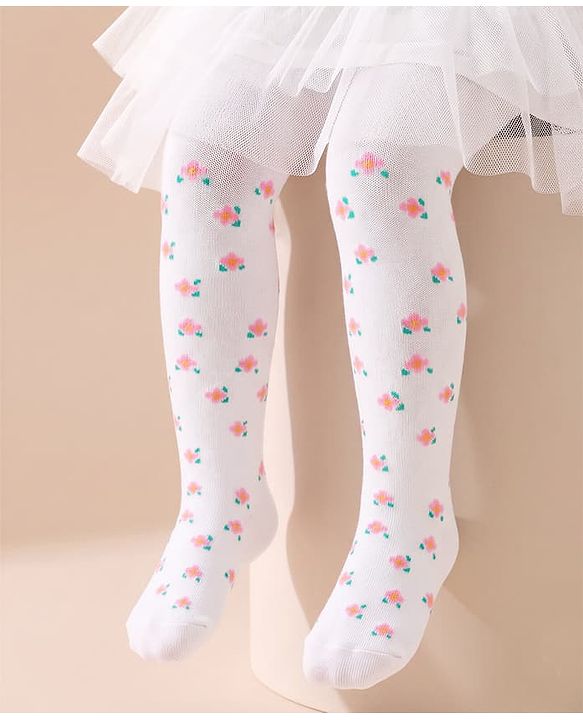 Cutewalk by Babyhug Non Terry Knit Anti-Bacterial Tights With Floral Design - White