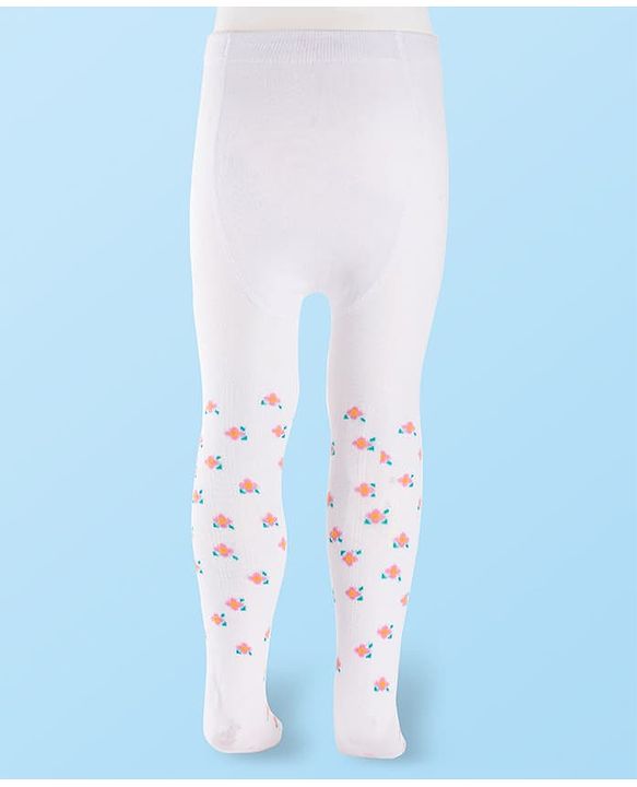 Cutewalk by Babyhug Non Terry Knit Anti-Bacterial Tights With Floral Design - White