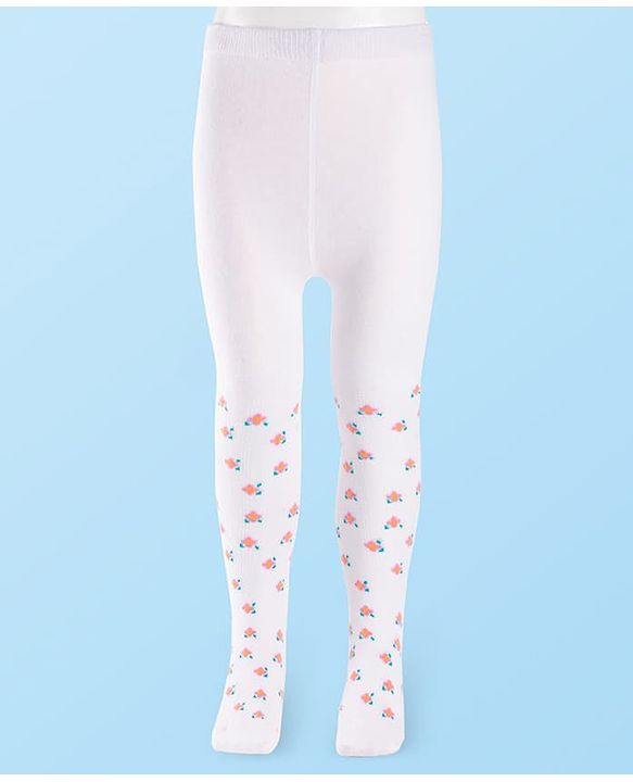 Cutewalk by Babyhug Non Terry Knit Anti-Bacterial Tights With Floral Design - White