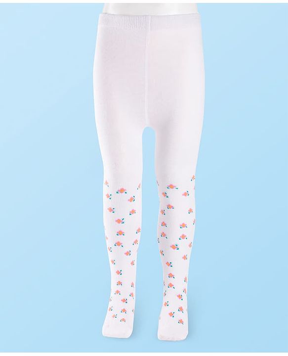Cutewalk by Babyhug Non Terry Knit Anti-Bacterial Tights With Floral Design - White